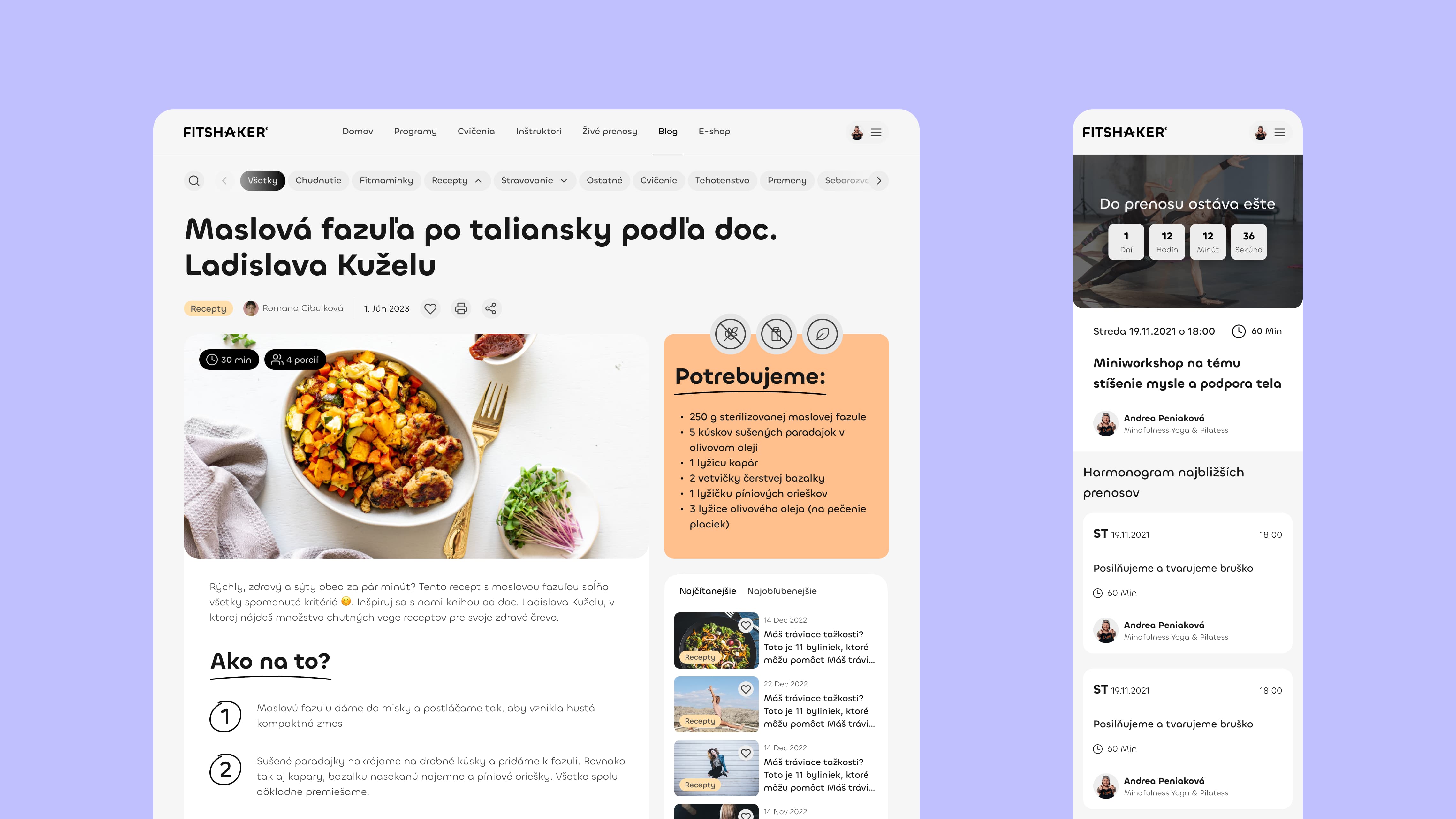 Nový web Fitshakeru — článek s receptem v prohlížeči a rozvrh živých přenosů na mobilu