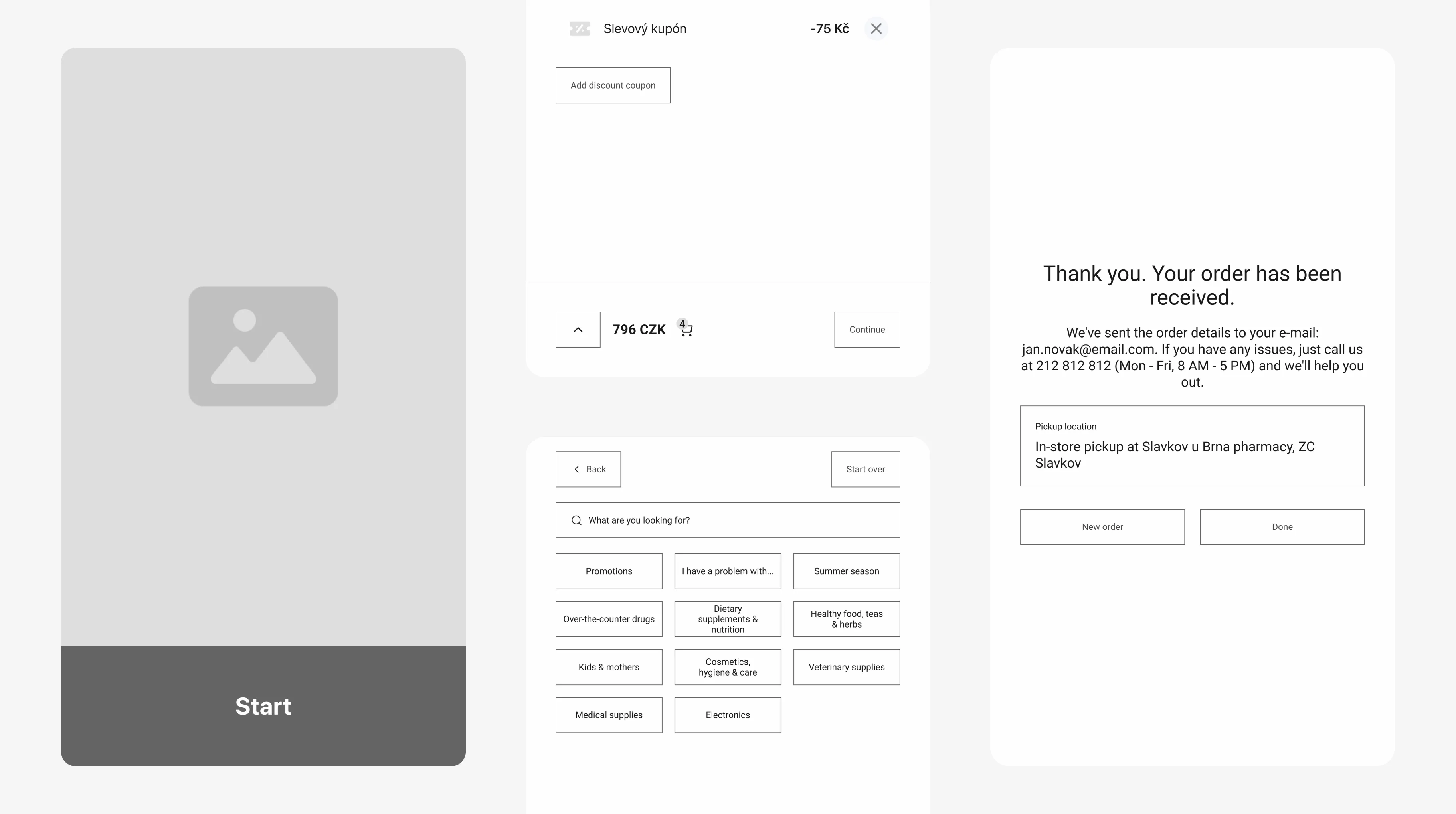 Wireframes of the kiosk screens – start screen, cart, category search and order confirmation