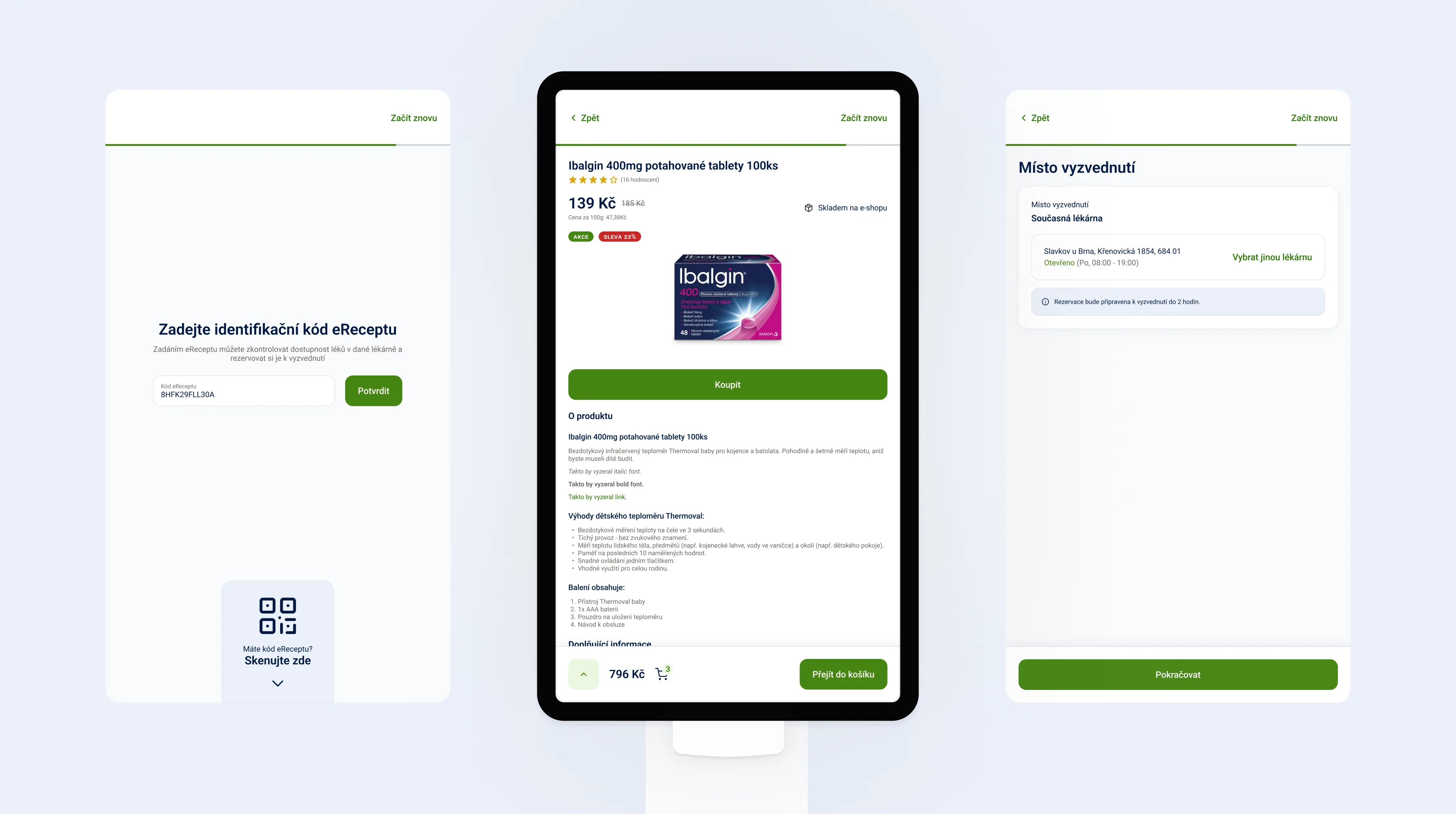 Tři obrazovky kiosku – zadání kódu eReceptu, detail produktu a výběr místa vyzvednutí