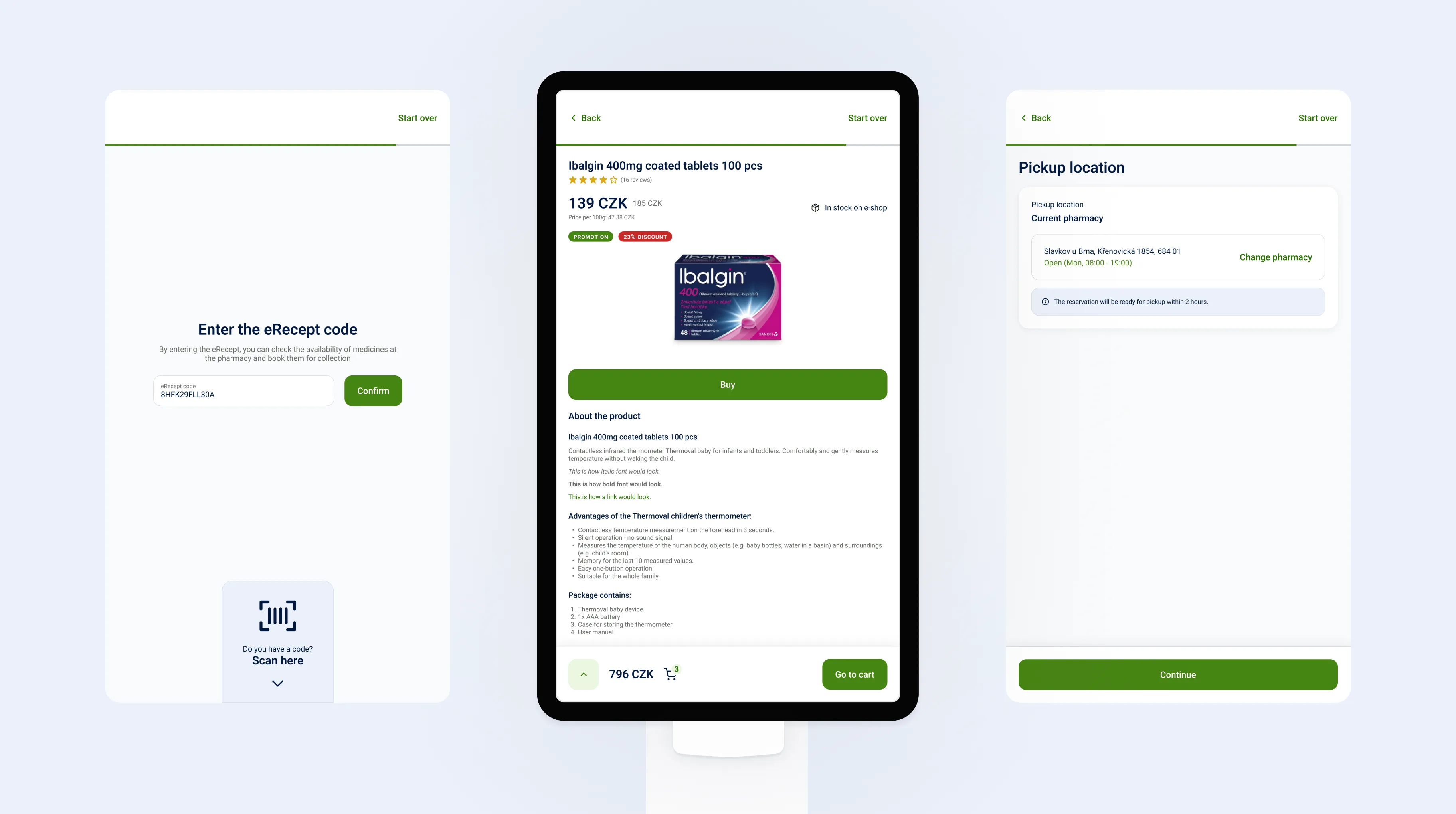 Three kiosk screens – entering the eRecept code, product detail and choosing the pickup location