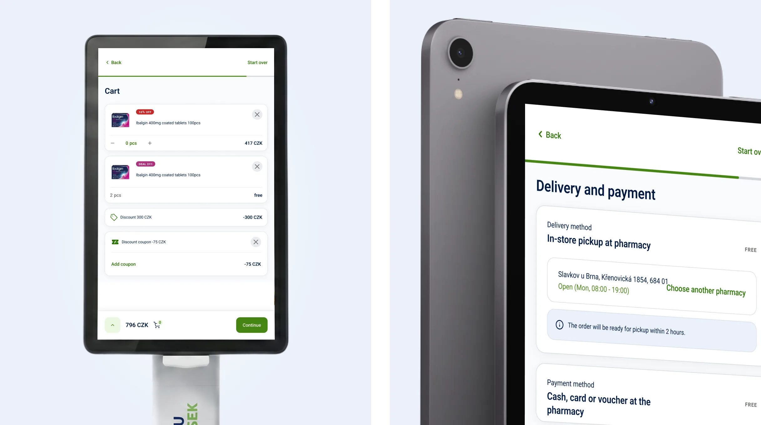 The kiosk cart screen next to the tablet screen with delivery and payment options